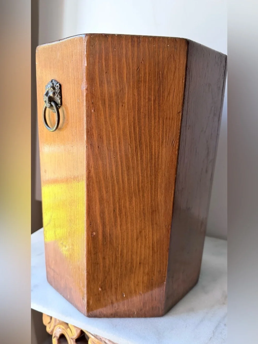 VTG /MC Wood Octagon Shape Trash Can Waste Bin With Lions Heads Unique Storage